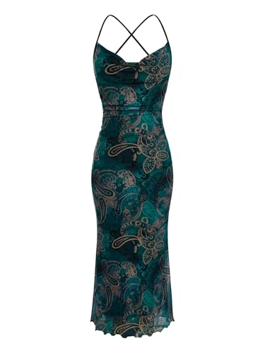 Image of SOLY HUX Women's Floral Mesh Bodycon Cami Dress Cowl Neck Sleeveless Cocktail Party Wedding Guest Long Maxi Dresses