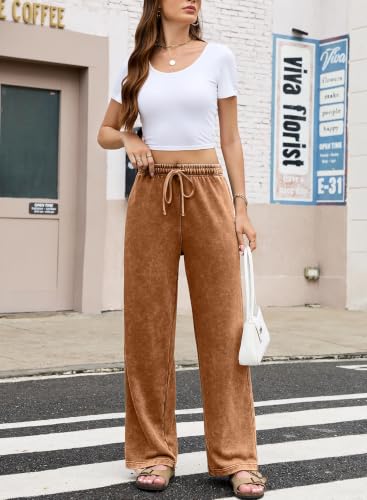 SHEWIN Pants for Women Casual Drawstring Elastic Waisted Wide Leg Pants Loose Fit Lounge Comfy Pants with Pockets Desert Gold — view 5