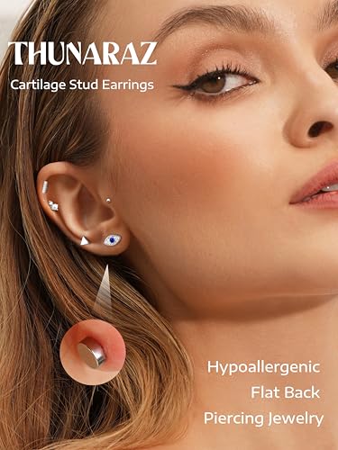 Thunaraz Dainty Hypoallergenic Flat Back Stud Earrings for Women Trendy 14K Gold Filled Cartilage Earring Helix Conch Tragus Piercing Jewelry Small Surgical Stainless Steel Earring Sets 20G4