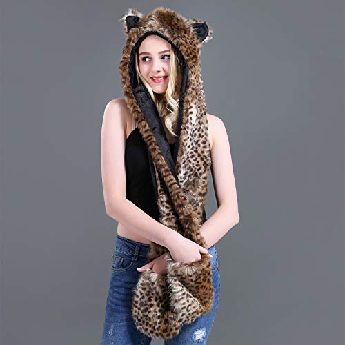 Women Faux Fur Animal Hood Scarf with Glove Pocket Winter Soft Warm Fuzzy Furry Hoodie Ear Flaps Hat, Scarf & Mitten Combo2