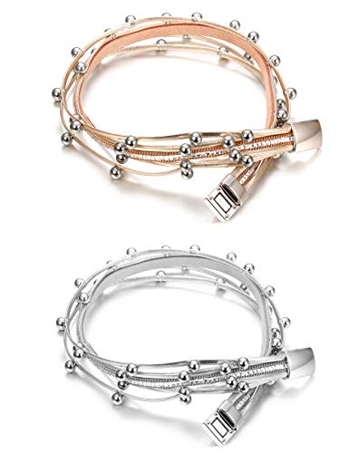 Finrezio 2 Pcs Silver&Rose Gold Tone Multilayer Wrap Bracelets For Women Girls Leather Cuff Bracelets Fashion Boho Bead Charm Stackable Bracelets Set #TOP4