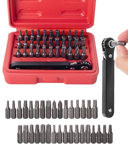 Bates Choice Mini Ratchet Set, 34 pcs, 1/4-Inch Drive, Cr-V Steel, Security Bit Set, Right Angle Screwdriver, 90 Degree Screwdriver, Torx Plus/Torx/Phillips/Slotted, Red Storage Box