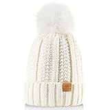 PAGE ONE Womens Winter Thick Cable Knit Beanie Faux Fur Pom Hat Fleece Lined Skull Cap White