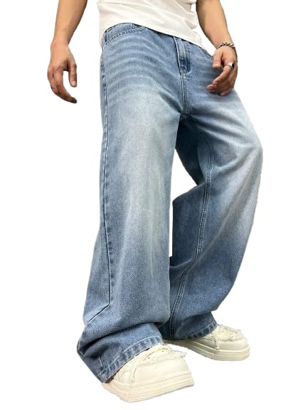 Image of Lymio Jeans for Men | Loose Fit Baggy Denim Pants | Mens Stylish Light Blue Wide Leg Vintage Washed Trousers | Casual Button Front Classic Pocket Styling Comfortable Streetwear Pant (LU-76-77)