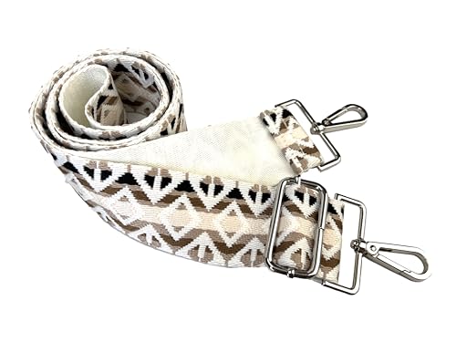 Image of Cream Beige Brown Boho Diamond Purse Strap with Silver Hardware 2 Inch Wide Replacement Crossbody Guitar Style Shoulder Strap for Handbags Totes