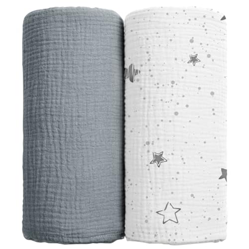 Image of lulumoon Baby Muslin Swaddle Blankets: Soft Receiving Blanket for Newborn - Cotton Swaddling Blanket for Neutral 2Pack(Starry Sky Gray)