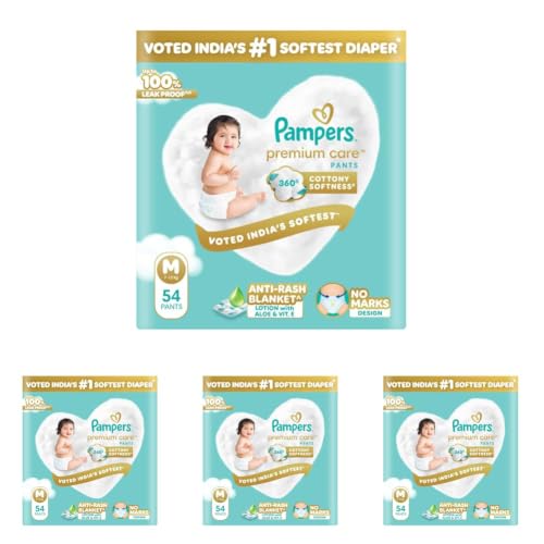 Image of Pampers Premium Care Pant Style Baby Diapers M 54 Count | No Marks Design | Voted India's #1 Softest Diaper | All in 1 diaper with 360 Cottony Softness (Pack of 4)