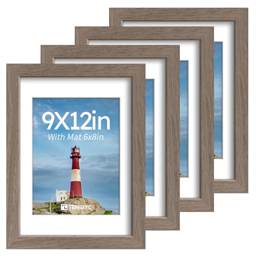 TENIBYC 9x12 picture frame 4 Pack, 6x8 Mat, Walnut Wood, Glass, for Photo