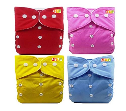 Alya Pocket Button Style Solid Reusable Cloth Diaper All in One Adjustable Washable Diapers Nappies(Without Inserts) for Toddlers/New Borns(0-24 Months,3-16KG) (Pack of 4, Y,B,P,R)