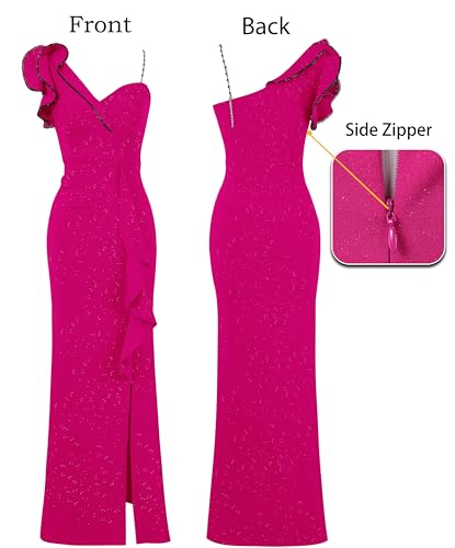 Image of VFSHOW Womens Formal Prom Elegant Ruffle One Shoulder Beaded Strap Ruched Slit Maxi Dress Wedding Evening Long Gown