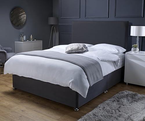 King Bed with Mattress Savako Premium – Black Plush Divan Bed with Memory Foam Mattress and Headboard with Chrome Feet – (5ft King Size – 150cm x 200cm)