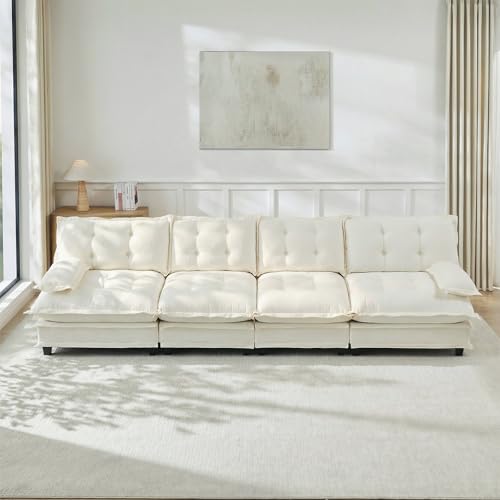 Image of 138 inch Sectional Couches for Living Room, Beige 4 Seater Modern Chenille Deep Seat Sofa Set, Salas para Casa, High Back Cloud Couch Modular Sectional Sets