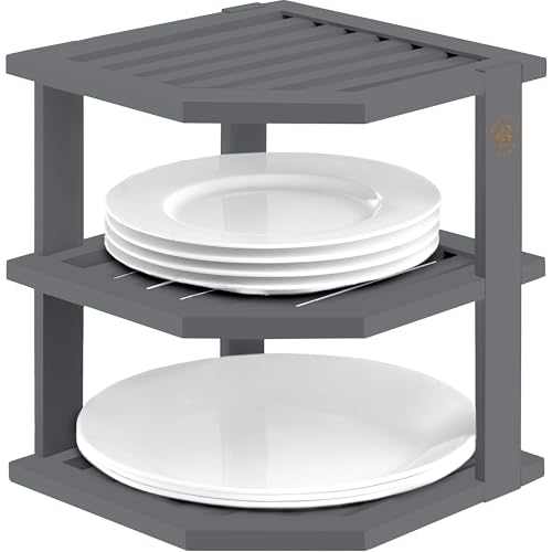 Cabinet Organizer Shelf - Bamboo Corner Rack for Kitchen Counter, Cabinet Space Saver for Plates, Dishes, Bowls, Bread Pantry, Bathroom Storage or Countertop Stand, Grey