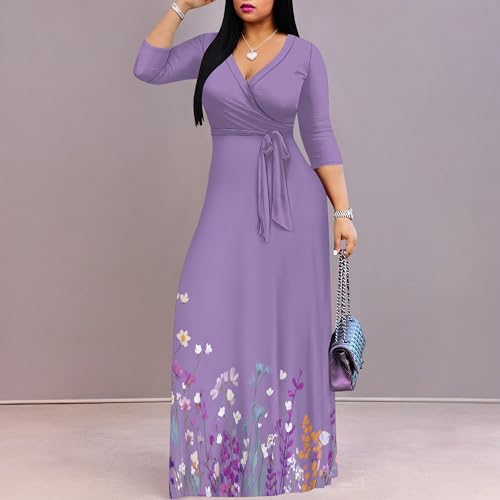 Image of SUZONANA Plus Size Dresses for Women Floral Print Maxi Dress Flowy 3 /4 Sleeve with Belt