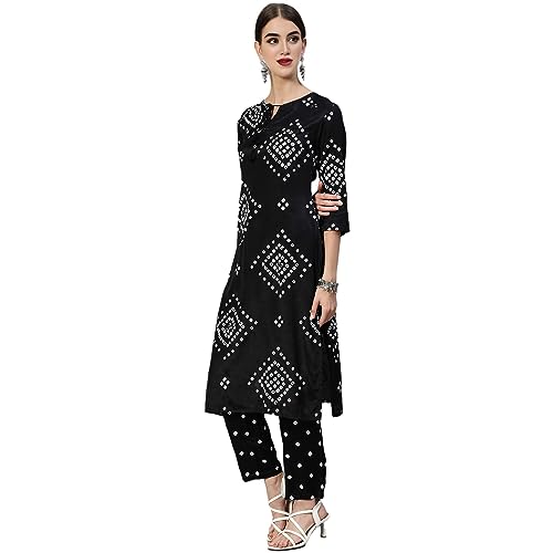 Image of LookMark Women Women's Trendy Printed Cotton Blend Straight Black Color Kurta and Pant Set (KS2074-S)