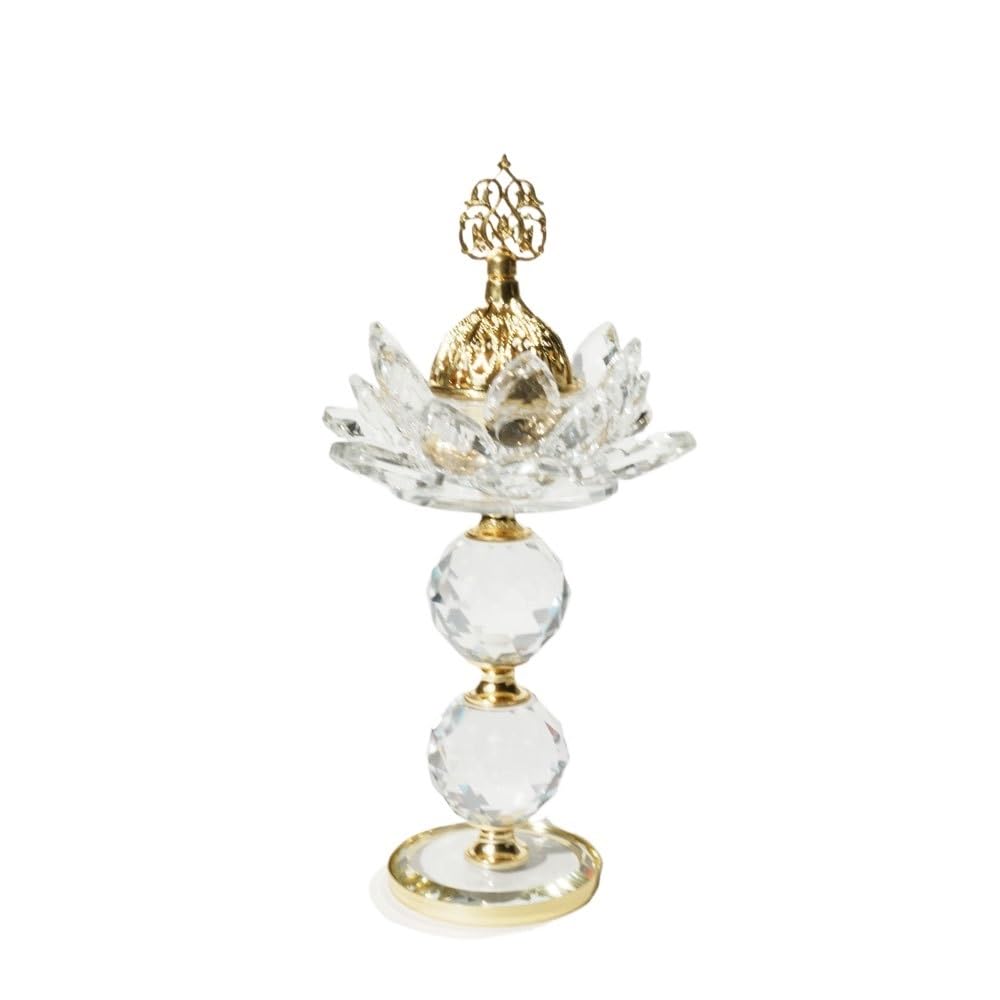 Huffa Clear Crystal Incense Burner Candle Holder With Golden Flame High-Foot Ornament
