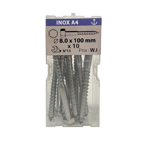 10 vis à bois 8 x 100mm tête hexagonale inox A4 - Viswood