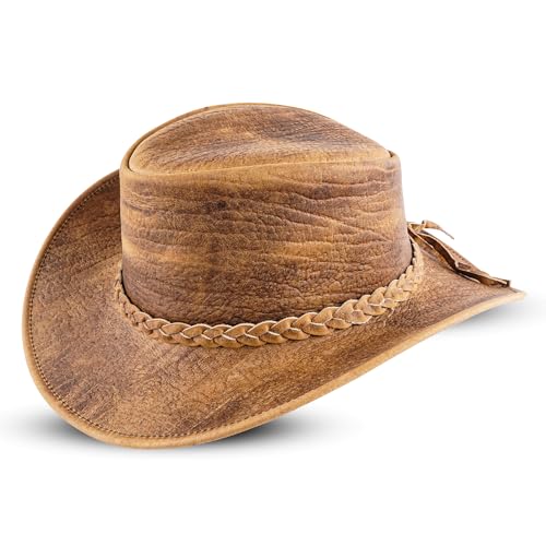 HADZAM Elephant Skin Themed Australian Style Leather Cowboy hat Shapeable into Outback hat for Men & Women (US, Alpha, Small, TAAN Brown)