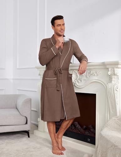Image of Ekouaer Mens Robes Lightweight Waffle Knit Kimono Bathrobe Long Sleeve Sleepwear Soft Knee Length Robe with Pockets S-3XL
