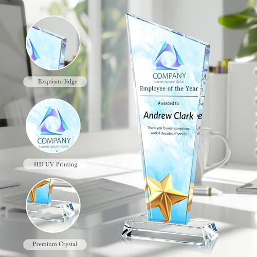 Image of Custom Crystal Trophy Award Personalized Plaque Award with Text Logo Photo Awards Trophies for Employee Recognition Team Graduation Personalized Office Gifts for Boss Coworker Teacher