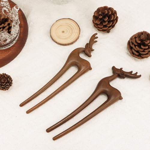 CUBACO 2 PCS Wooden Hair Sticks for Women U Shaped Sandalwood Hair Fork with Deer Design French Twist Hair Pin Vintage Chinese Chopstick Hairpin for Long Thick Hair Women Chignon Bun Updo Hairstyle - Thumbnail 7