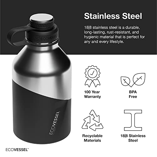 Ecovessel Boss Stainless Steel Half Gallon Water Bottle With Dual Lid, Beer Growler, Water Jug 64 Oz Water Bottle Wide Mouth Opening Gym Water Bottle (Black Shadow) #TOP5