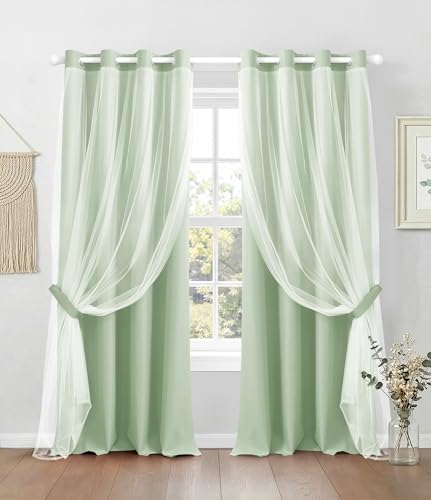 Image of 100% Blackout Sheer Curtains for Bedroom, Sage, 52 x 120 inch, 2 Panels | For Living Room Window, Room Darkening, Thermal Insulated, Grommet Top, Summer Heat Blocking, Double Layer Design