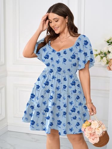 Image of SHESTARR Womens Plus Size Casual Mini Dress Sweetheart Neckline Short Flutter Sleeve Smocked A Line Tiered Ruffle Dresses