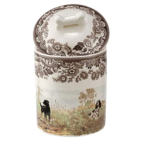 Spode Woodland Dog Treat Jar 7" | Dog Treat Container With Ceramic Lid | Assorted Hunting Dogs Design With Bone-Shaped Handle | Stoneware #TOP1