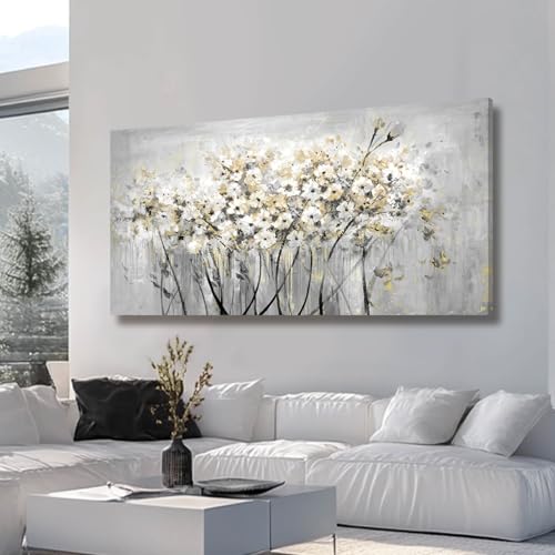 Image of Flowers Canvas Wall Art White Paintings Grey Gold Contemporary Artwork Master Bedroom Wall Decor 29 inchx 58 inch Large Framed Art for Living Room Office Home Decor