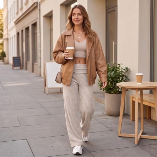 Ribbed Knit Pants for Women Fold Over Pants High Waisted Wide Leg Pant — view 2