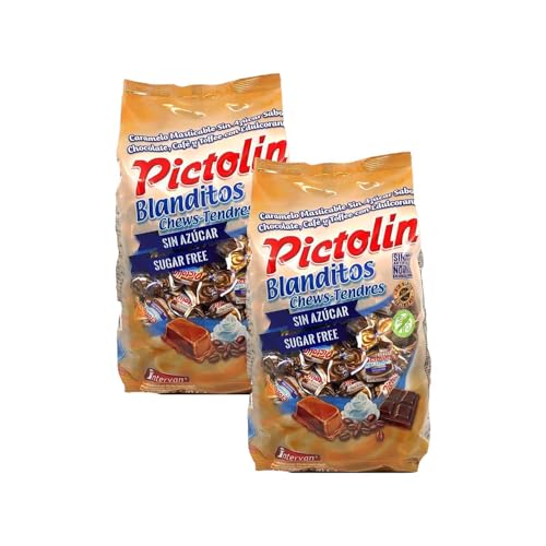 Pictolin Blanditos Sin Azúcar, Caramelos Masticables Sabor Toffee, Chocolate y Café, Pack 2 Bolsas