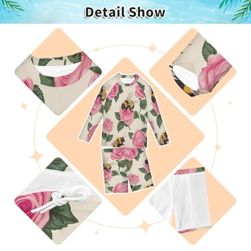 Bee Rose Flowers Boys Swimsuit Rash Guard Toddler Kids Long Sleeve Swim Shirt and Trunks Swimwear Set 3-10Y3