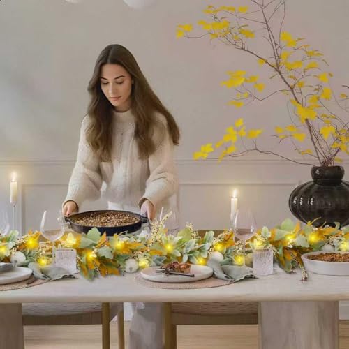 Image of Fall Mantel Garland Decor for Home - 6 Ft Autumn Leaves Table Garlands with Lights Decorations for Thanksgiving and Halloween Leaf Centerpieces for Bedroom Tables Stair Porch Outdoor Farmhouse