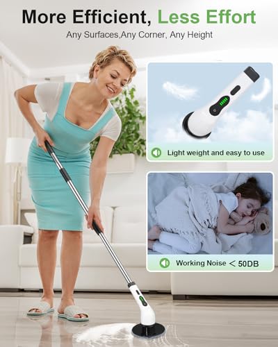 Image of Cordless Electric Spin Scrubber, 9 Brush Heads, 2-Speed Motor | Floor cleaning, bathroom scrubber, tile floor scrubber, extension arm, IPX7 waterproof, tub, sink, grout, wet- dry vacuum