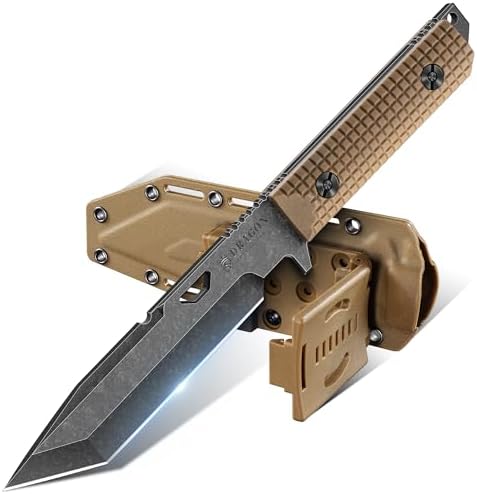 Dragon Creek tactical fixed blade knife with D2 steel and Kydex sheath in brown
