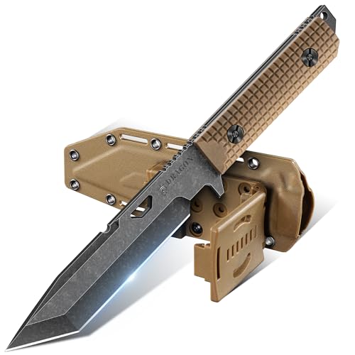Dragon Creek Tactical Knife Kydex - Outdoor Survival Knife with Sheath D2 Steel Blade G10 Full Tang Handle for Camping Hiking Gift Men Brown