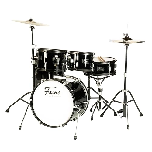 Fame FS18B First Step Drum-Set, Piano Black, 18 Zoll BassDrum, Mischholz Kessel, Inklusive Hardware und Becken, Ideal für Einsteiger, Übungsschlagzeug mit Aluminium Böckchen