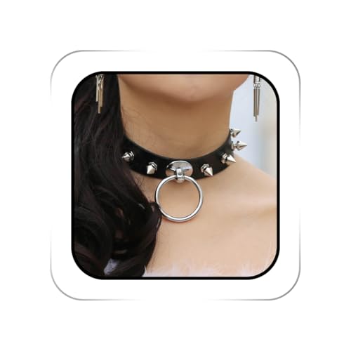 ACEDRE Spiked Leather Choker Black Studded O Ring Goth Collar for Women and Men