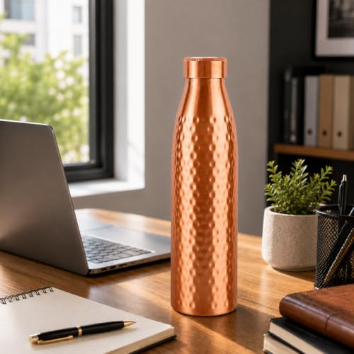 Image of Pure Copper Water Bottle 32 Oz with Carry Bag & Cleaning Brush, Wide Mouth Leak Proof Ayurvedic Drinking Bottle, Reusable Copper Bottle for Home Office Gym Travel