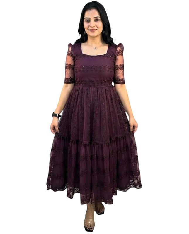 Elegant Embroidered Net Midi Gown for Women – Festive Dress-image-34