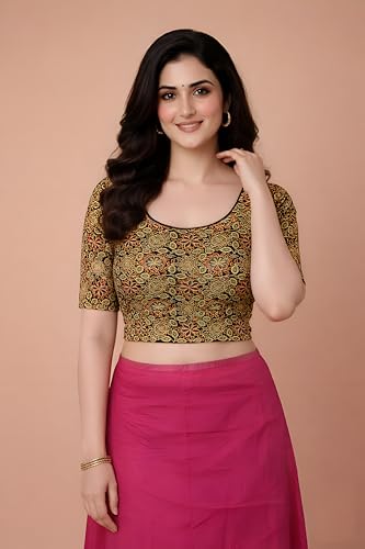 Image of Amazon Brand - Anarva Women's Kalamkari Print Cotton Stretchable Round Neck Readymade Saree Blouse
