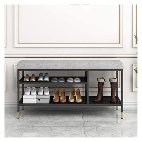 Banc à chaussures d'entrée 80 cm avec rangement et coussin lin gris
