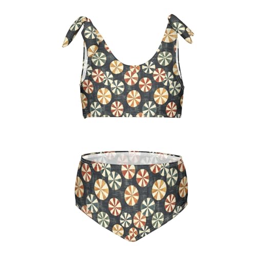 Round Candy Pattern Girls Two Piece Tankini Swimsuits Summer Bathing Suit Beach Swimwear Set, 11-12T Multicoloured
