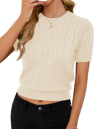 Image of Libsorge Womens Cropped Short Sleeve Sweater Fall 2025 Crewneck Sheer Knit Tops - Lightweight, Thin, Crop, Slim Fit