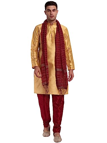SKAVIJ Men's Art Silk Indian Ethnic Wear Kurta Pajama and Scarf Suit Festivals Season Party Dress Set (Gold, Large)