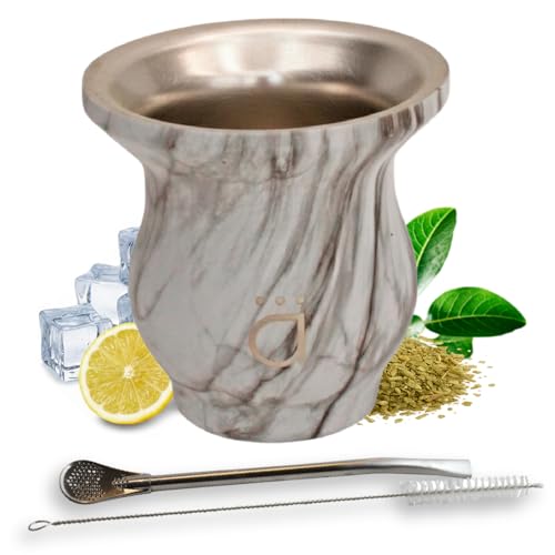 Kalmateh Innovadora calabaza Yerba Mate – doble pared acero inoxidable 18/8, incluye bombilla y un cepillo de limpieza, 270 ml (mármol)