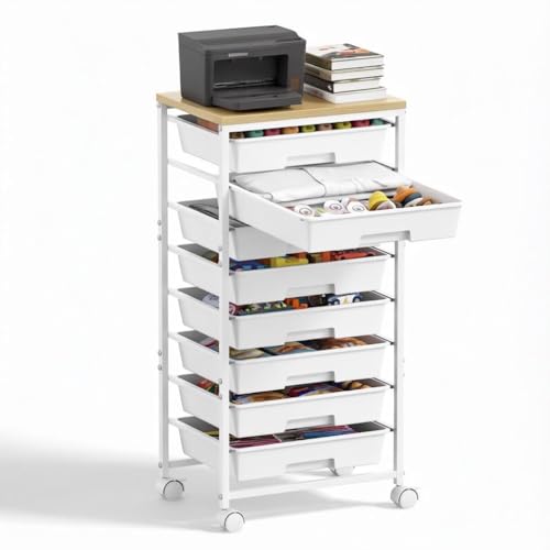 Image of 8 Drawer Rolling Storage Trolley with Wooden Worktop, Plastic Drawer Organiser Cart on Wheels with Lockable Silent Castors & Anti-Fall Latch, Makeup Beauty Craft Kitchen Storage