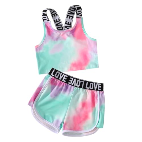 Axumity Kid Girl Outfits Letter Print Tie Dye Crop Tank Top & Contrast Binding Track Shorts 2 Piece Summer Outfit Size 4 5