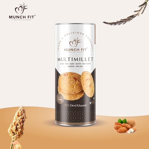 Image of Munch Fit Healthy Multimillet Cookies 125gm Pack of 2 | Egg Less Cookies Made Desi Khand with Jowar Ragi Bajra Cookies | Gluten Free, No Maida, No Added Sugar | 100% Natural Crunchy Snacks
